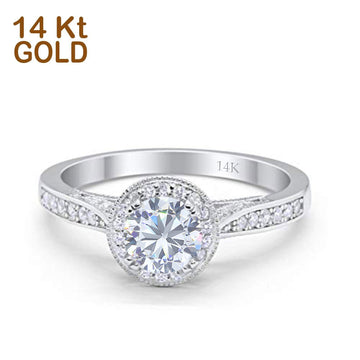 14K White Gold Halo Round Bridal Wedding Engagement Ring Simulated CZ Size-7